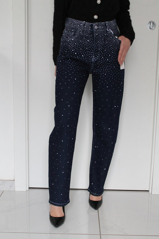 Jeans Balloon Blu Scuro con Strass – Vita Alta