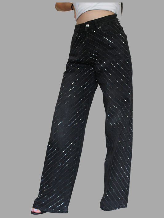 Jeans nero a palazzo con strass