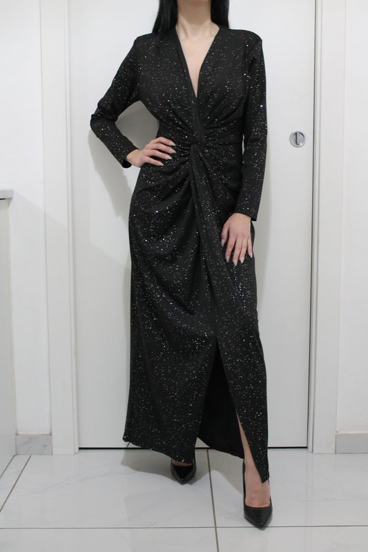 Abito Lungo Glitter con Drappeggio e Spacco