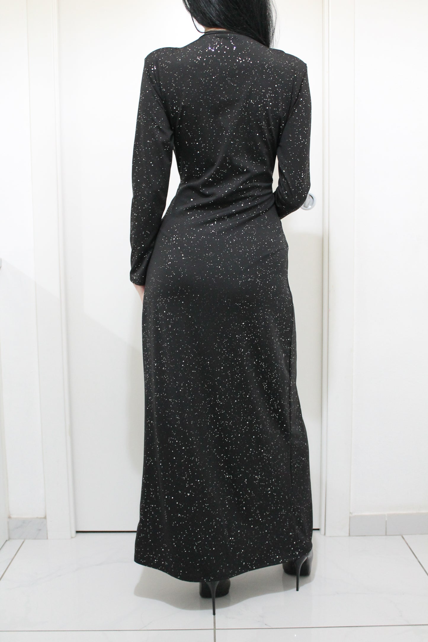 Abito Lungo Glitter con Drappeggio e Spacco