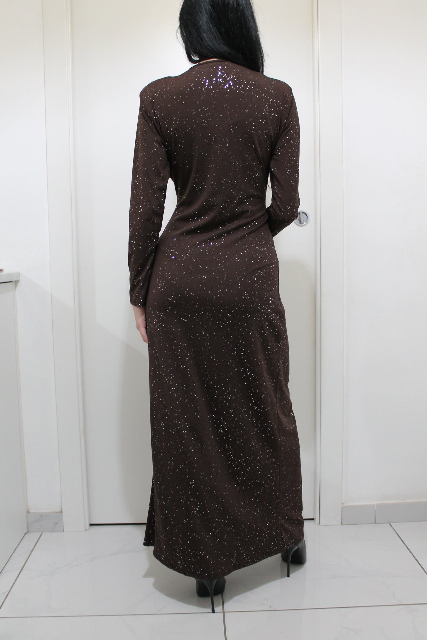 Abito Lungo Glitter con Drappeggio e Spacco