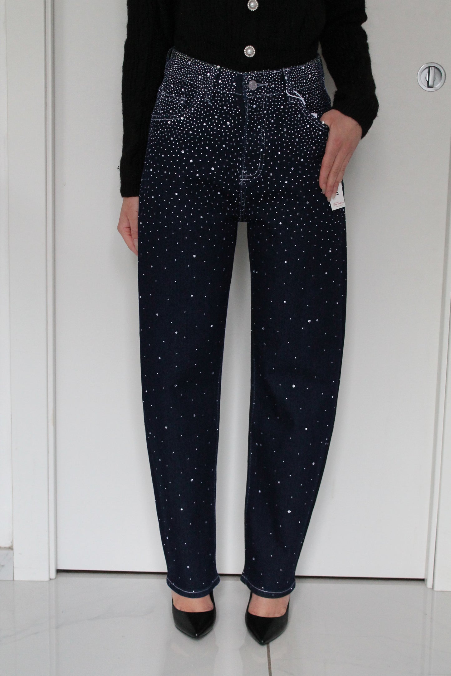 Jeans Balloon Blu Scuro con Strass – Vita Alta