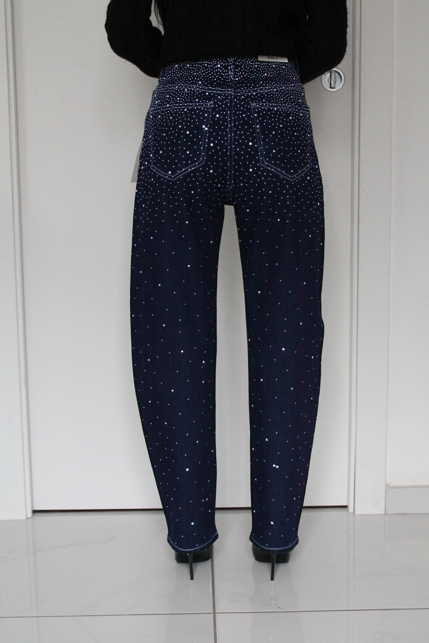 Jeans Balloon Blu Scuro con Strass – Vita Alta